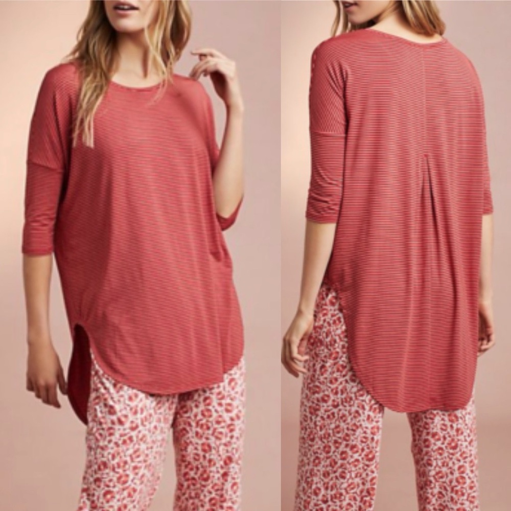 Anthropologie FLOREAT STRIPED RED PINK 3/4 SLEEVE OVERSIZED TUNIC TOP